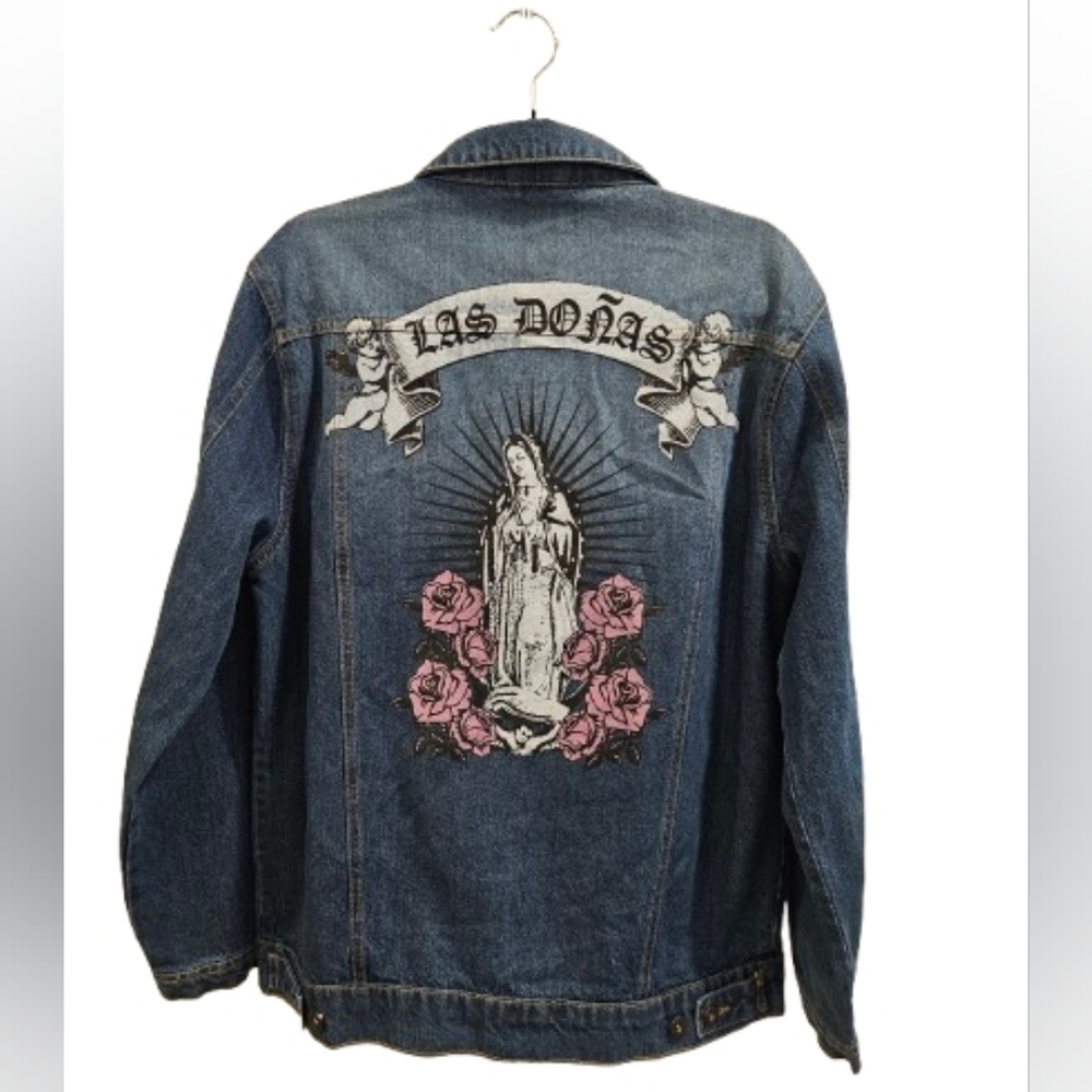 Y2K Virgin Mary Denim Jacket Las Doñas Tattoo Graphic Streetwear Grunge Large